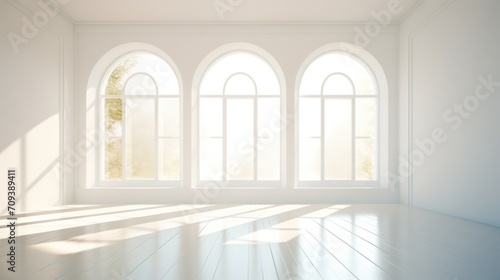 White room interior  classic European luxury house  with a burst of sunlight from large glass windows  with shiny white marble floors.