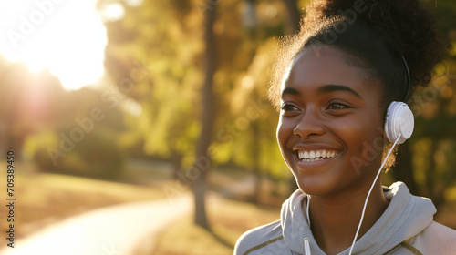 Close up happy candid young black african american female teenager running jogging outdoors in nature  photo