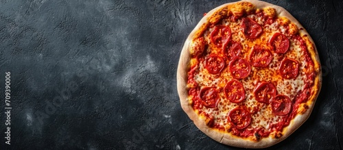 High-resolution, beautiful photo of pizza with red pepper tomato sauce from a top view, with empty space for text.