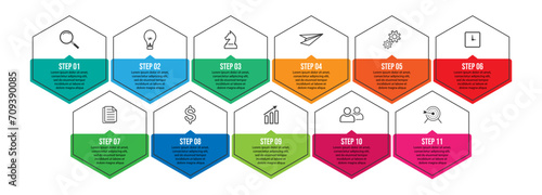 business infographic 11 parts or steps, there are icons, text, numbers. Can be used for presentation banners, workflow layouts, process diagrams, flow charts, infographics, your business presentations