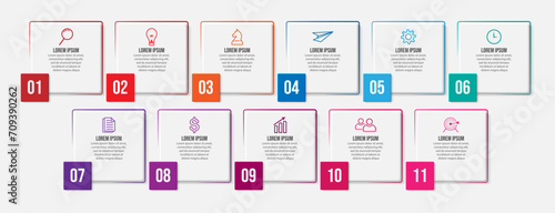 business infographic 11 parts or steps, there are icons, text, numbers. Can be used for presentation banners, workflow layouts, process diagrams, flow charts, infographics, your business presentations