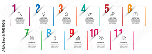 business infographic 11 parts or steps, there are icons, text, numbers. Can be used for presentation banners, workflow layouts, process diagrams, flow charts, infographics, your business presentations