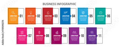 business infographic 11 parts or steps, there are icons, text, numbers. Can be used for presentation banners, workflow layouts, process diagrams, flow charts, infographics, your business presentations
