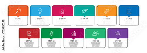 business infographic 11 parts or steps, there are icons, text, numbers. Can be used for presentation banners, workflow layouts, process diagrams, flow charts, infographics, your business presentations