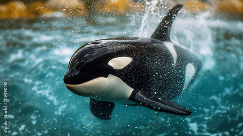 Young Orca whale diving out of the water.