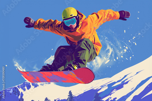 Colourful illustration of snowboarder jump in bright clothes in the mountains. 