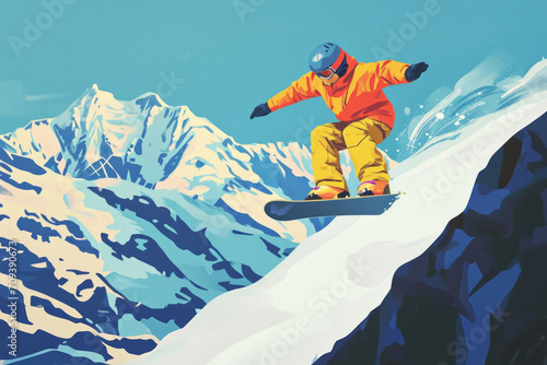 Colourful illustration of snowboarder in bright clothes in the mountains. 