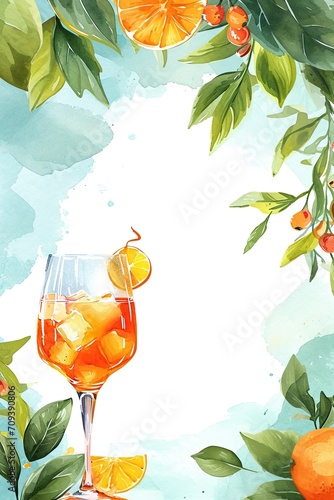 aperol spritz watercolor illustration, tasty cocktail invitation © dianaorozco