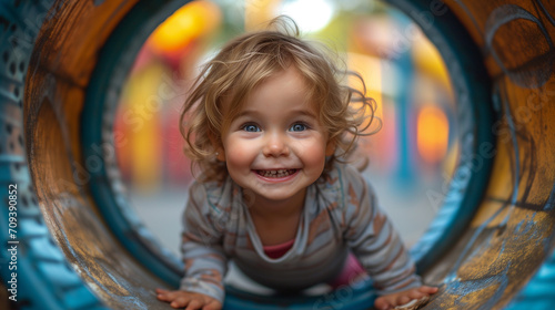 Toddler boy with curly hair inside a play structure in a park. 