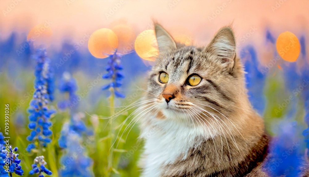 dreamy image of fluffy cat in flower field, 16:9 widescreen background / wallpaper dreamy image of fluffy cat in flower field, 16:9 widescreen background / wallpaper