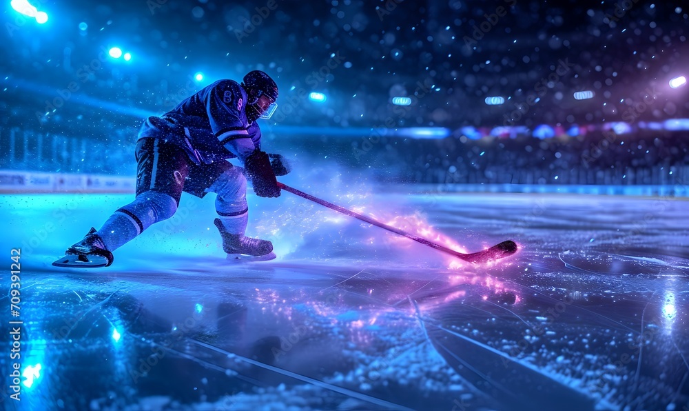 Ice Hockey Rink Arena Professional Player Shooting the Puck with Hockey Stick. Focus on 3D Flying Puck with Blur Motion Effect. Dramatic Wide Shot, Cinematic Lighting