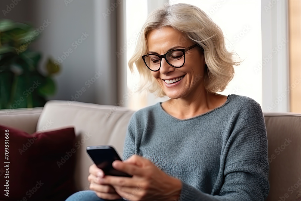 Smiling senior woman with glasses using smartphone at home. Smiling senior woman with glasses using smartphone at home.