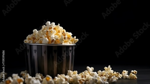 photograhpy of a movie pop corn on a black background, cinematic, realistic, high resolution, 8K, sharp, on focus, copy space,