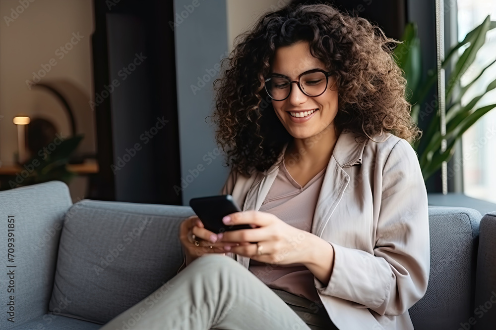 Smiling woman with curly hair using smartphone on couch at home. Smiling woman with curly hair using smartphone on couch at home.