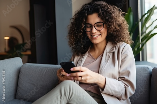 Smiling woman with curly hair using smartphone on couch at home.