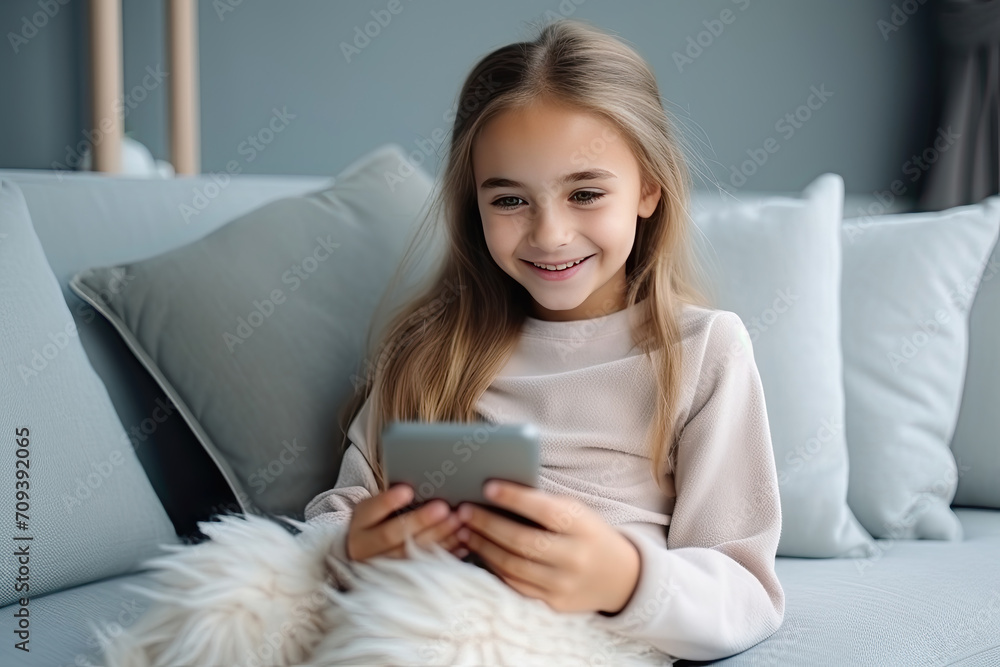 Smiling young girl with tablet sitting on couch with a fluffy white dog, enjoying leisure time at home. Smiling young girl with tablet sitting on couch with a fluffy white dog, enjoying leisure time at home.