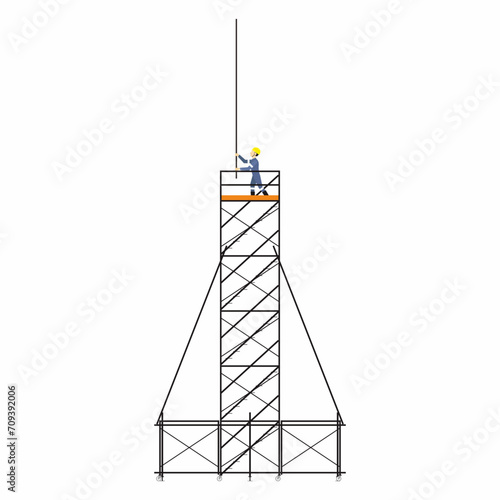 Six layer of scaffolding installation with outrigger pipe for support. Worker hold telescopic stick while stand on the top of work platform.