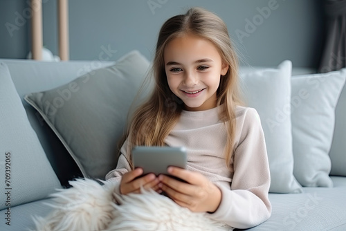 Smiling young girl with tablet sitting on couch with a fluffy white dog, enjoying leisure time at home.