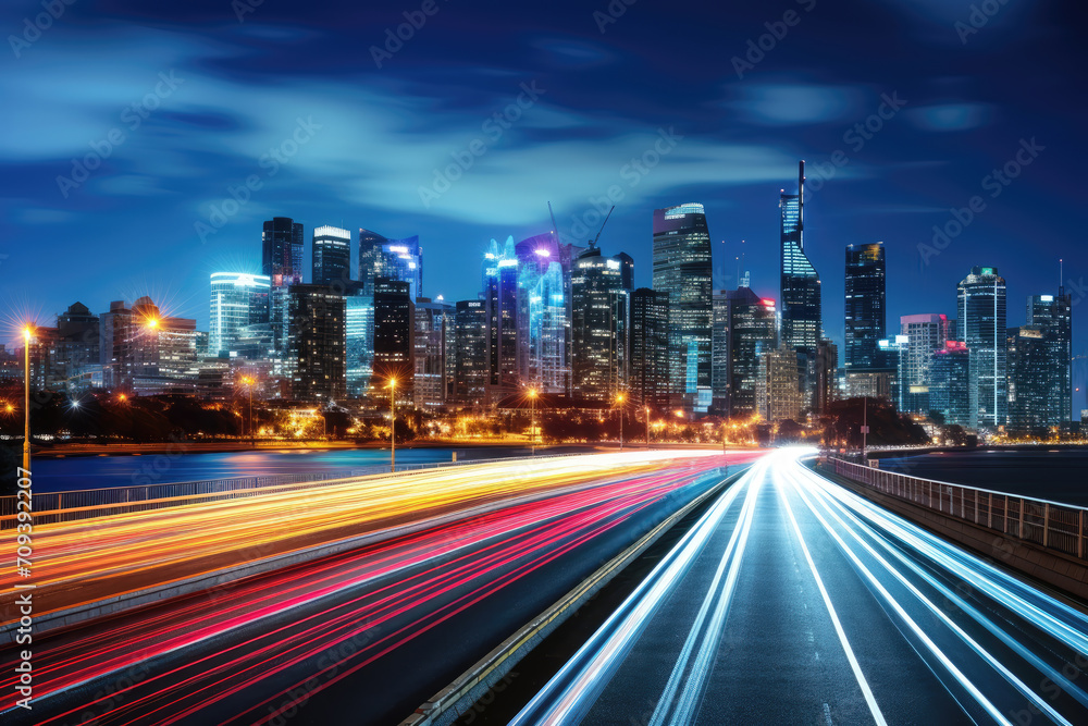 Night cityscape with light trails on highway leading to illuminated modern skyline.