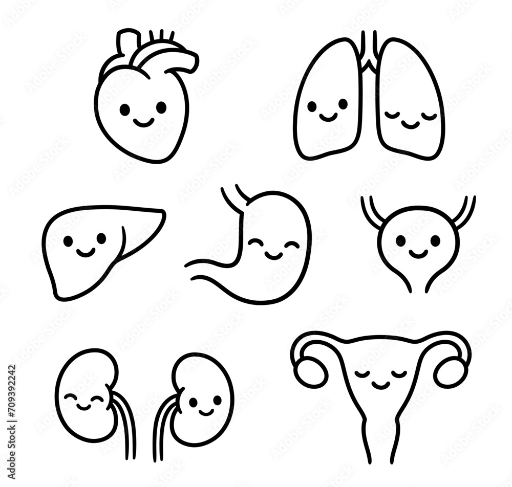 Set of cartoon internal organs with cute smiling faces. Hand drawn doodle style drawings, black and white line art. Isolated vector clip art illustration. Set of cartoon internal organs with cute smiling faces. Hand drawn doodle style drawings, black and white line art. Isolated vector clip art illustration.