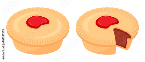 Cartoon Australian meat pie drawing. Traditional pie with beef mince filling, whole and cut. Isolated vector clip art illustration.