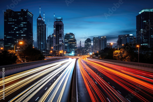 Cityscape at night with light trails on highway and illuminated skyscrapers.