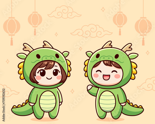 Kawaii children in green Chinese dragon costumes