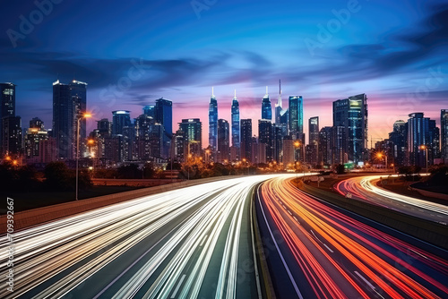 City skyline with light trails from traffic at twilight.