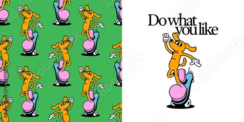 Vintage skater dog cartoon character seamless pattern. Trendy retro skate board animal mascot background. Street sport wallpaper print texture in 90s comic art style.