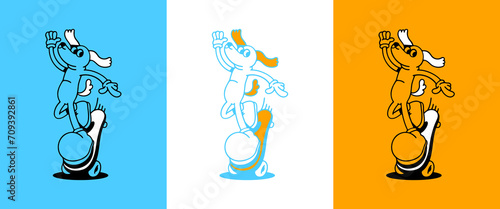 Vintage skater dog cartoon character illustration. Trendy retro skate board animal mascot poster. Street sport print drawing in 90s comic art style.