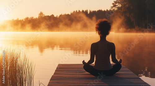 Young fit woman practicing wellness meditation by a lake in the morning at sunrise