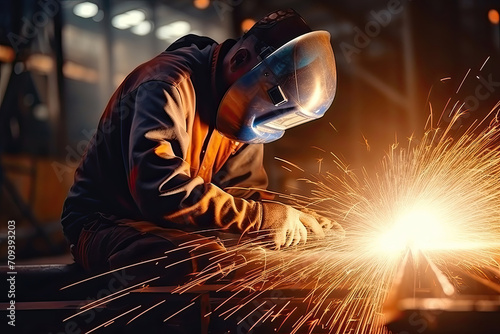 Welder at work in industrial setting with sparks flying.