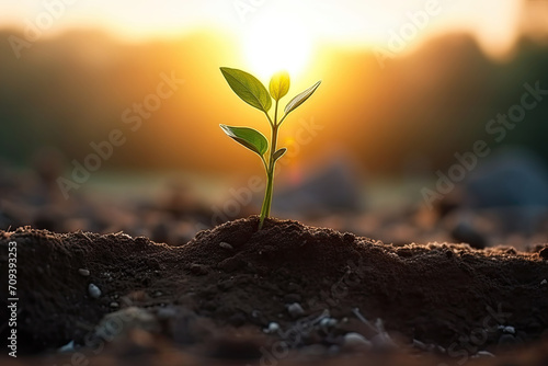 Young plant sprouting from soil at sunrise, symbolizing new life and growth.