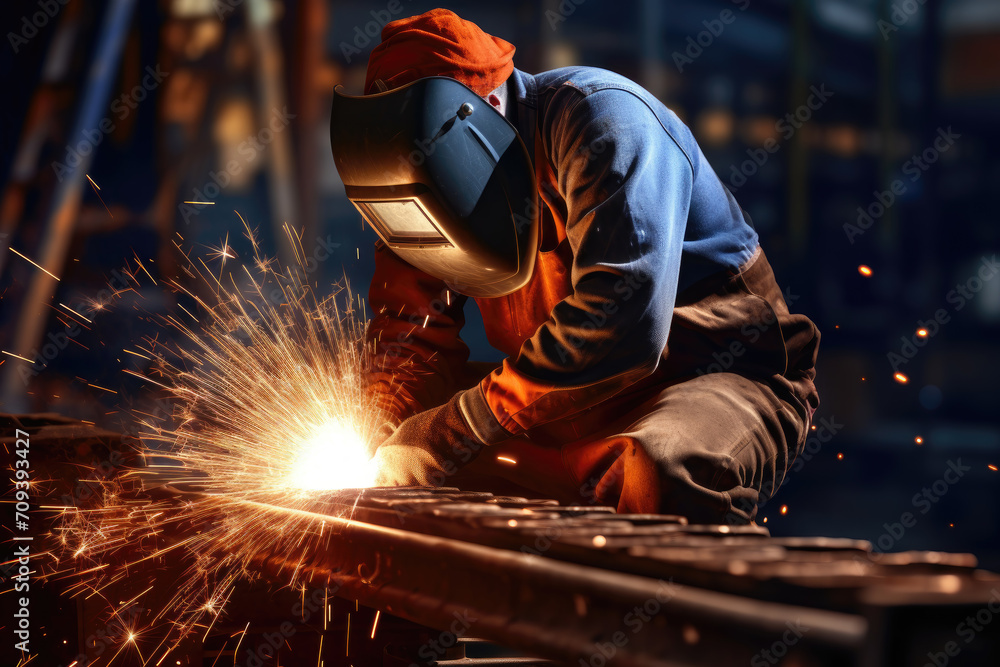 Welder at work with sparks flying in industrial environment, wearing protective gear. Welder at work with sparks flying in industrial environment, wearing protective gear.