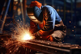 Welder at work with sparks flying in industrial environment, wearing protective gear.
