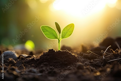 Young plant sprouting from soil with sunrise in background, symbolizing new life and growth.