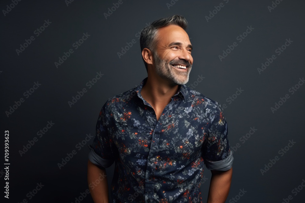 Portrait of a smiling mature man in shirt on dark background.