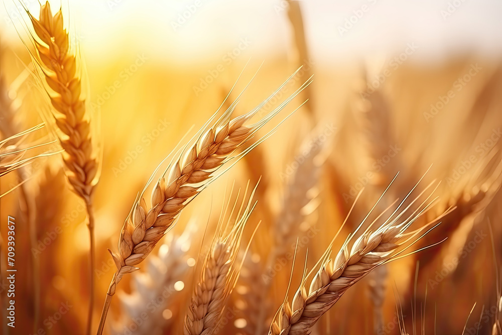 Golden wheat field with sun flare, close-up of wheat ears at sunset. Golden wheat field with sun flare, close-up of wheat ears at sunset.