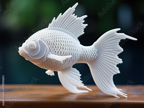 White 3d printed plastic filament fish figurine on a wooden table with black background, studio shot