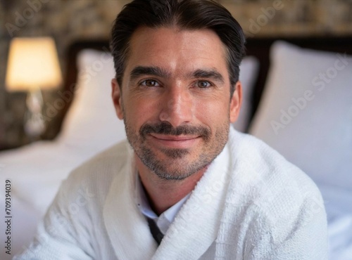 Caucasian man wearing spa robe, laying on hotel bed on vacation closeup