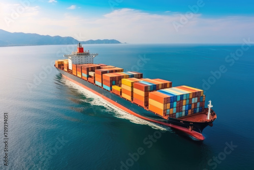 Cargo ship with colorful containers at sea on a clear day.