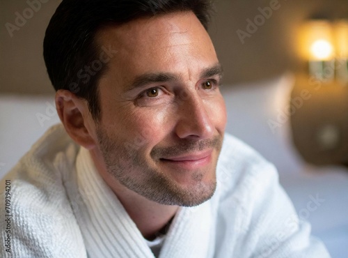 Caucasian man wearing spa robe, laying on hotel bed on vacation closeup