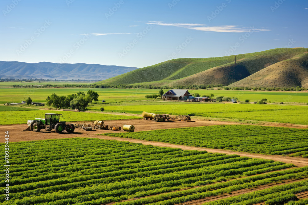 Tractor plowing fields with farm buildings in the background, surrounded by lush greenery and rolling hills under a clear sky. Tractor plowing fields with farm buildings in the background, surrounded by lush greenery and rolling hills under a clear sky.