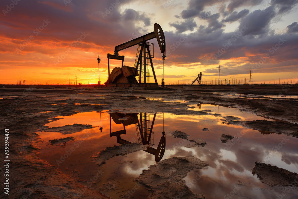 Oil pump well silhouette against a vibrant sunset sky with reflections in a puddle, symbolizing energy industry.
