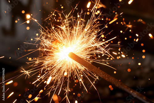 Close up of a sparkler emitting bright  golden sparks in various directions  illuminating the surrounding darkness