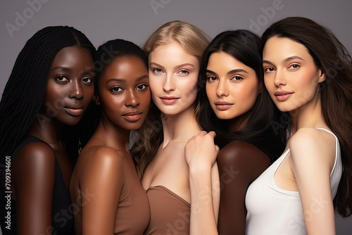 Diverse group of women with natural makeup posing together, showcasing beauty and ethnicity diversity. photo