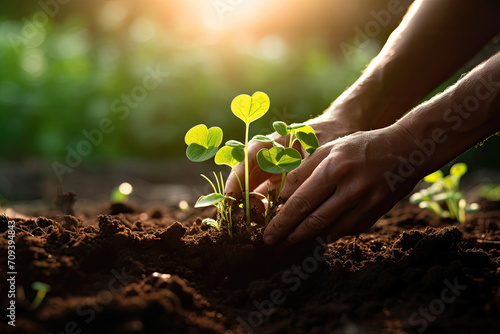 Hand nurturing young plants in soil with sunlight, symbolizing growth and eco-friendliness.