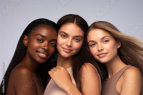 Three diverse women with radiant skin posing together, showcasing beauty and friendship.