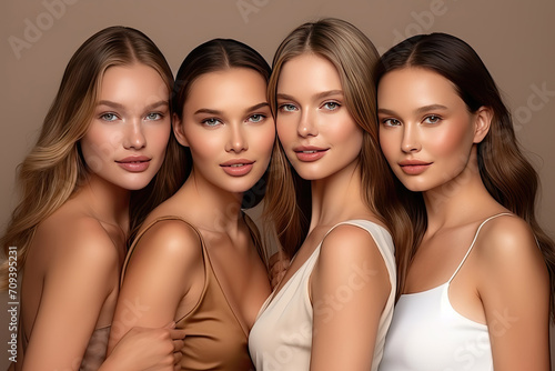 Four women with natural makeup posing together on a beige background, showcasing beauty and elegance.