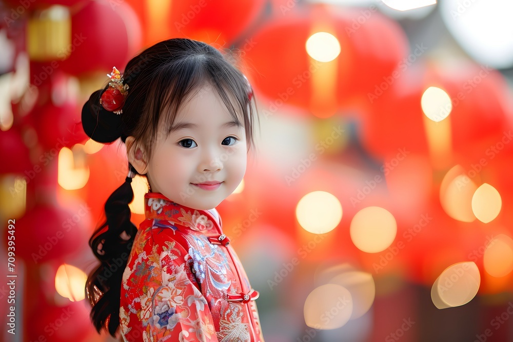Little Girl Celebrating Chinese New Year in Traditional Festive Chinese Attire Little Girl Celebrating Chinese New Year in Traditional Festive Chinese Attire